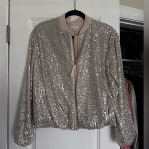LOFT Silver Sequin Bomber Jacket Size Large